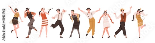 Happy people in retro-styled clothes dancing to funny music at Gatsby party of 20s. Set of stylish cheerful Broadway dancers of 1920s. Colored flat vector illustration isolated on white background