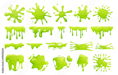 Cartoon green slime set vector flat illustration. Collection of blob splashes, toxic dripping mucus