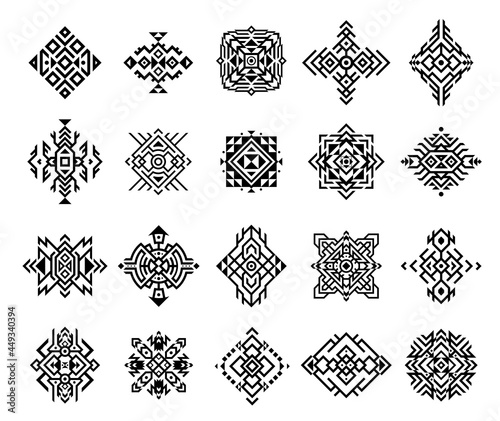 Set monochrome ethnic ornament vector illustration. Collection classical tribal aztec tattoo design