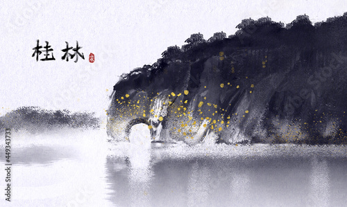 Hand drawn freehand Guilin landscape splash ink painting
