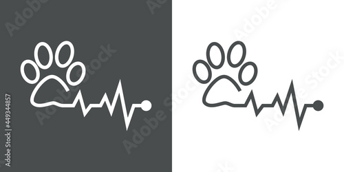 Asistencia sanitaria para mascotas. Logotipo lineal zarpa de gato con pulso cardíaco en fondo gris y fondo blanco