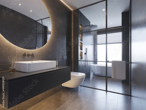 3d render of a minimal atmospheric dark masculine bathroom with a washbasin a toilet and shower 