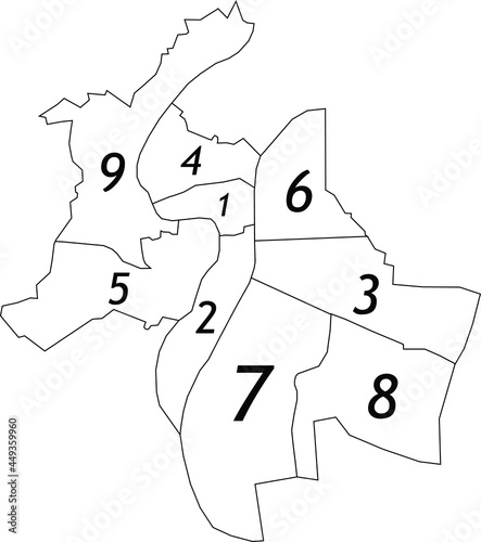 Simple white vector map with black borders and numeral names of arrondissements of Lyon, France