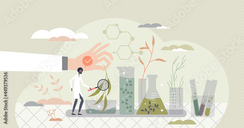 Organic chemistry and nature scientific research in lab tiny person concept. Green plants learning and knowledge base expanding with biochemistry and microbiology experiments vector illustration.