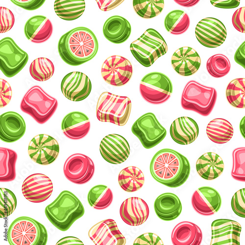 Vector Candy Seamless Pattern, square repeating fruit candies background for child textile, poster with cut out illustrations of various yummy hard candies and striped gummies on white background.