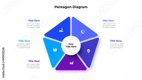 Pentagon is divided into 5 parts. Concept of five options of business project management. Vector illustration for data analysis visualization