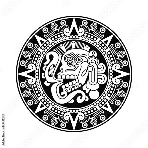 Hand drawn aztec skull medallion plaque, vector illustration