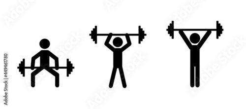 man with a barbell in various positions, pictogram, figure of a weightlifter isolated on a white background, sports, healthy lifestyle