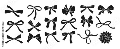 Bow ribbon black glyph set. Festive decoration, packaging, invitation elements for sale shopping Birthday Party, Valentine Day or Wedding design. Holiday anniversary surprise gift symbol