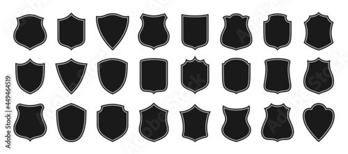 Shield badge icon set. Different security shield shape sign, military or heraldic shields and coat of arms kit. Black protection logo. Guard badge or guard symbol for web site design, logo, app vector