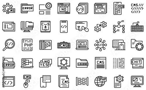 Cms development icons set outline vector. Data code. Design application