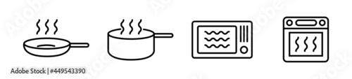 Cooking mode black icons vector set. Isolated Pan, Microwave, Stove, Oven symbols on white background. Food packaging cooking time line signs. Vector flat design illustration.