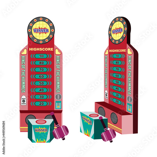 Red electronic high striker strength tester strongman game attraction machine with hammer isolated on white background. strength tester. carnival game. Vector, illustration