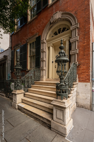 New York, NY - USA - July 30, 2021: view of the 1832 late-Federal brick Merchant's House Museum, a preserved 19th-century home of a wealthy merchant family.