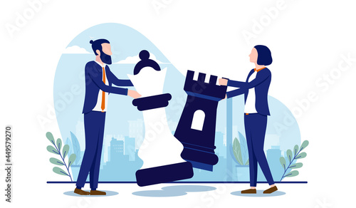 Competitive business people - Man and woman competing with chess pieces. Conflict and opposition concept. Vector illustration with white background