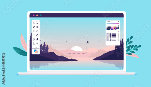 Image editing on laptop computer screen - Photo editor software with user interface and beautiful landscape image. Vector illustration