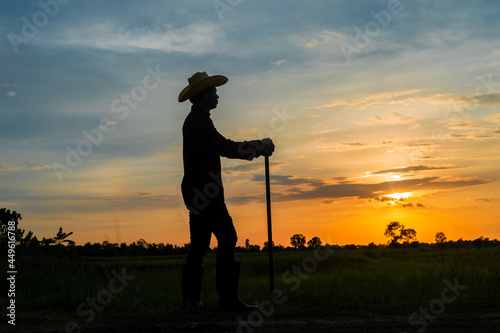 Male farmer holding a hoe in a field at sunset