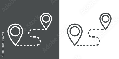 Icono plano con hoja de ruta con línea de puntos entre marcadores de posición en fondo gris y fondo blanco
