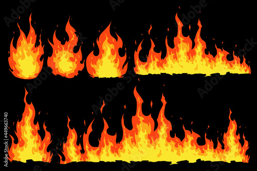 Hot Fire flame cartoon set. Vector flat graphic design illustration. For design template
