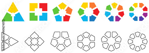 Polygons divided into equal parts, empty space in middle. Version with three to eight segments, black white and colour also with rounded corners, simple infographics element