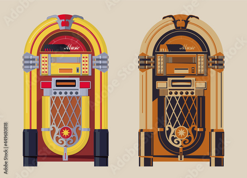 Vector graphic of vintage jukebox with 2 different colour combinations