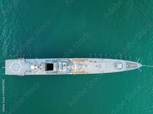 Russian military ship in Sevastopol bay at Navy day, top view
