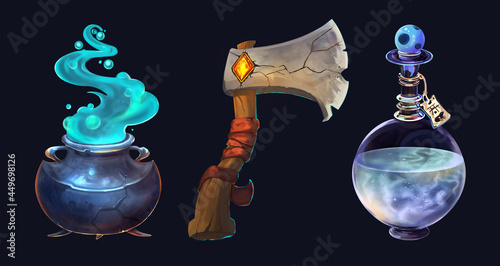 A set of props for a fantasy game. An axe with a crystal and cracks, a cauldron with smoke and bubbles, a magic bottle with a potion and a label. 