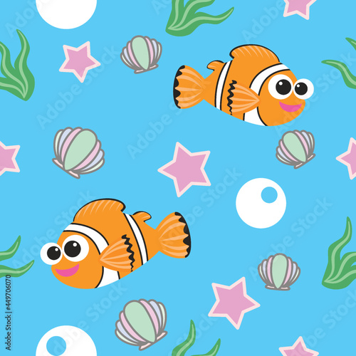Smiling Nemo fish seamless pattern, shellfish, sea fish, seaweed on blue color background