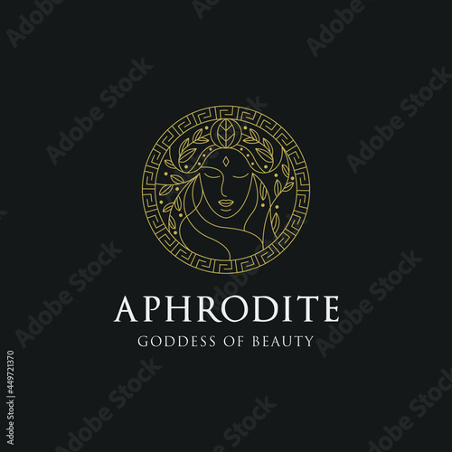 Monoline aphrodite greek women goddess of beauty with decorative circle illustration Premium Vector 
