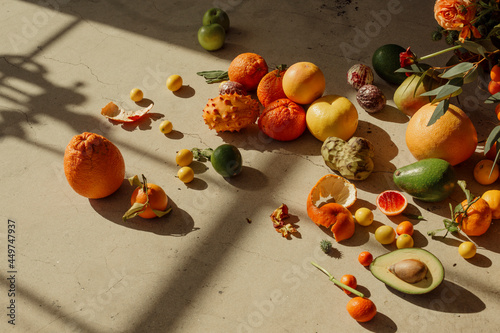 Still life of tropical fruits included citruses, avocados and dragonfruit in window light