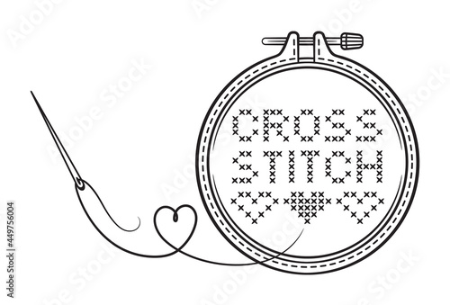 Cross stitch handmade line icon. Embroidery hoop with sewing needle, thread. Needlework workshop label. Canvas fabric with embroidered text, heart ornament. Made with love. Craft hobby. Outline vector
