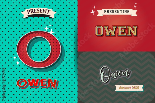 name Owen in various Retro graphic design elements, set of vector Retro Typography graphic design illustration