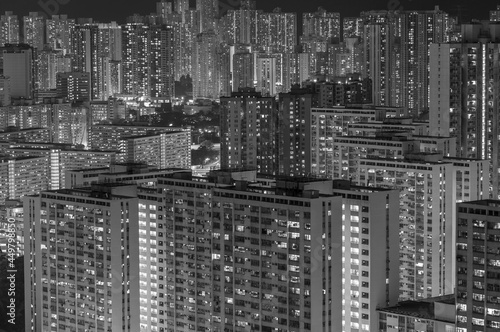 Crowded residential buildings in Hong Kong city at night