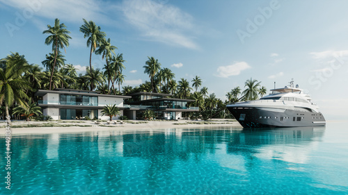 Luxurious villa with palm trees and yacht. Private house on the island. Luxury yacht on the island background with villa. 3d illustration