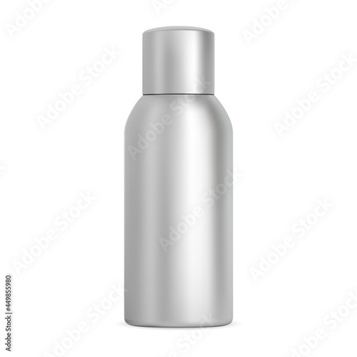 Aluminium spray bottle. Cosmetic aerosol, hairspray metal tube, deodorant container design. Silver tin illustration design, isolated antiperspirant product, refresher or paint