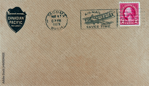 vintage retro alt old envelope umschlag briefmarke stamp frankiet cancel gestempelt used brau canada kanada pacific railway beaver bieber amerika america 1929 tacoma slogan werbung air-mail saves time