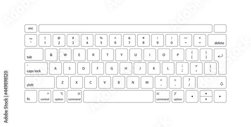 Keyboard of computer, laptop. Modern key buttons for pc. White keyboard isolated on white background. Icons of control, enter, qwerty, alphabet, numbers, shift, escape. Realistic mockup. Vector