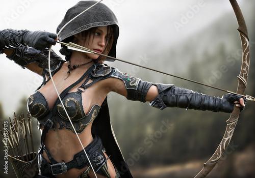 Portrait of a fantasy female Ranger archer aiming at her target from a distance wearing leather armor , hooded cloak and equipped with a bow. 3d rendering 