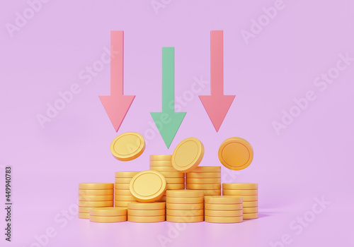 Coins stacks cartoon style stacks ,arrow reduce depreciate money appreciation, growth investment success Finance economics education concept. on purple background, 3D render