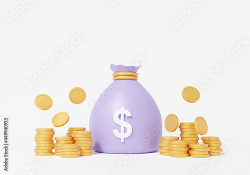 Purple bag money and coins stacks float. Business investment, earn Finance saving concept. on white background. 3D rendering illustrstion