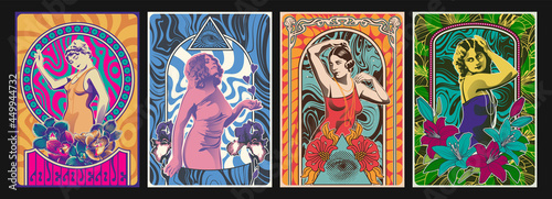 1960s - 1970s Psychedelic Posters Style Illustrations, Retro Women, Art Nouveau Frames, Psychedelic Colors and Backgrounds 
