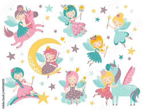 Vector childish set with fairy, flowers, moon and other elements. Fairy with a magic wand vector illustration. Cartoon fairy for kids, girl.