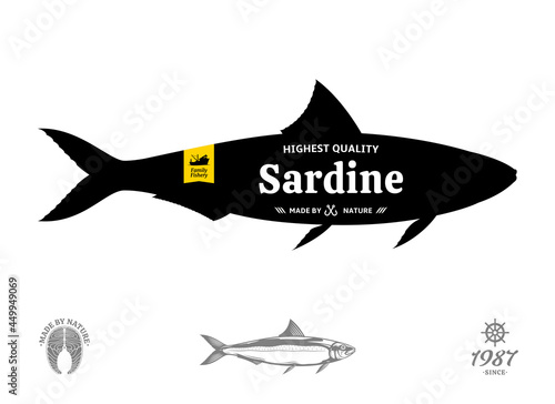 Vector sardine seafood label isolated on a white background