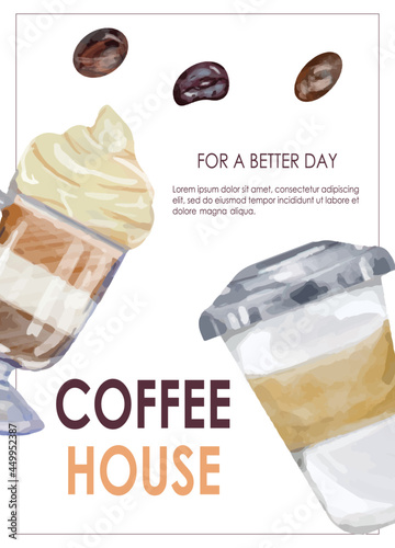 Promo flyer with cup of coffee. Coffee house, nutrition, cooking, breakfast menu. Vector illustration for banner, poster, special offer, menu.