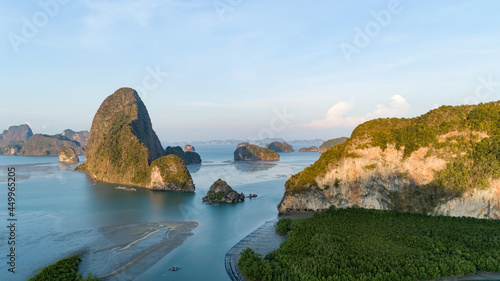 Aerial view Drone shot of Sametnangshe landscape view located in Phang-nga Thailand Beautiful sea Amazing landscape nature view.