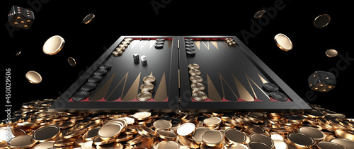 Modern Black Red And Golden Backgammon Board, Dices And Coins Isolated On The Black Background - 3D Illustration 
