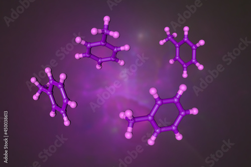 Molecular model of toluene, an aromatic hydrocarbon composed of a benzene rink linked to one methyl group. Scientific background. 3d illustration