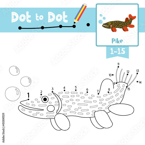 Dot to dot educational game and Coloring book Pike fish animal cartoon character vector illustration