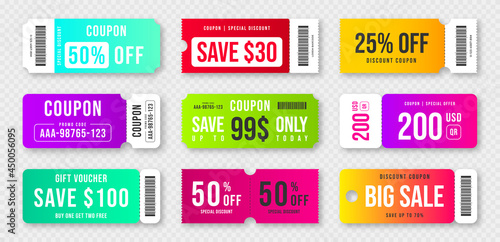 Set of discount coupons and gift vouchers. Discount voucher, gift coupon design. Colorful coupon template for big sale, special offer. Vector