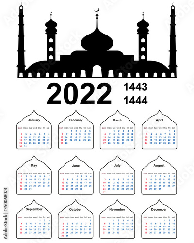 Hijri islamic calendar 2022. From 1443 to 1444, vector Muslim calendar with an Islamic mosque week starting on sunday